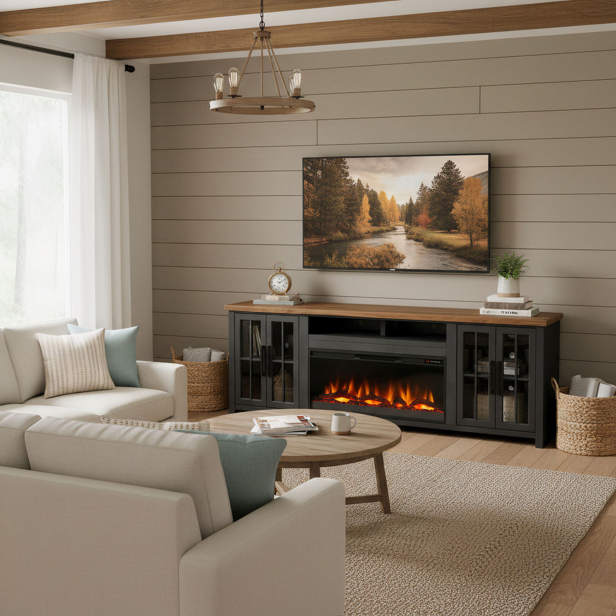 Fireplace TV Stand Console For TVs Up To 100" - Black / Whiskey