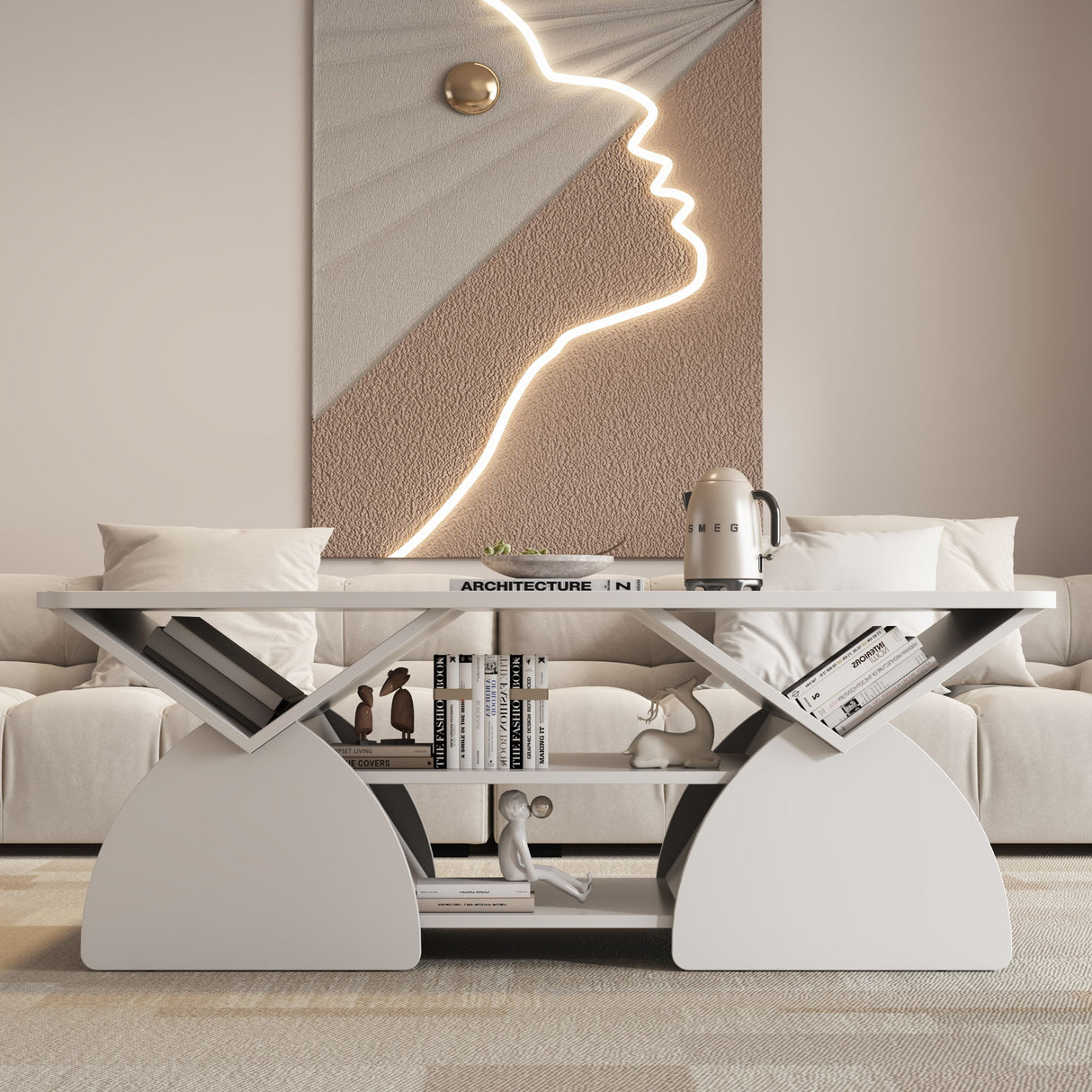 Geometric Engineered Coffee Table With Rounded Corners With Open Shelves