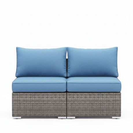 Armless Patio Sofa Set, With UV Resistant Frame And Waterproof Cushions - Blue / Brown