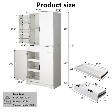 Fluted Kitchen Pantry Cabinet With 3 Keyboard Drawers & 6 Adjustable Door Shelves
