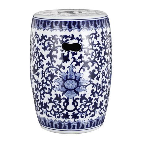 Ceramic Garden Stool, Small Side Tabel - White / Blue