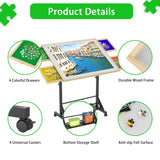 360 Degree Tilting Wooden Puzzle Table With 1500 Pieces, Rolling Design With Adjustable Height, Drawer, And Protective Cover - Black / Natural Wood