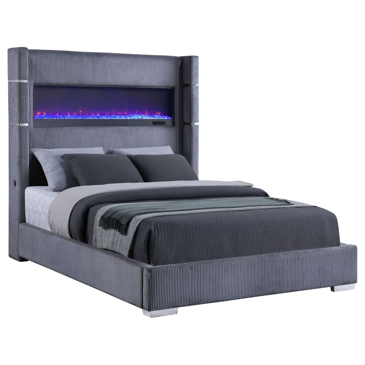 Haven - Upholstered Queen Bed With Integrated Flame Box - Gray