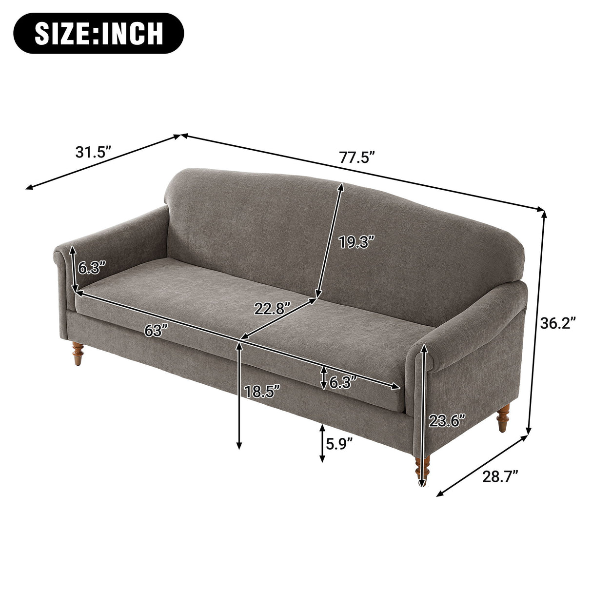 Loveseat Sofa, 2 Seater Couch With Rolled Arms