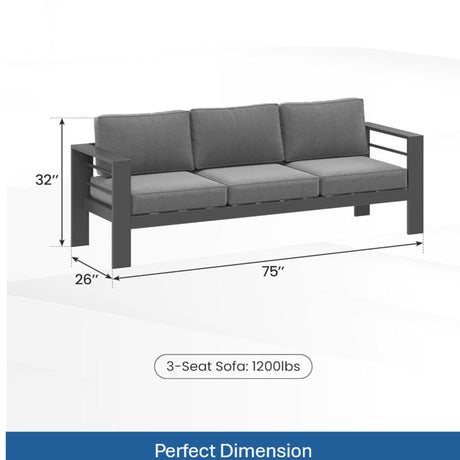 All Weather 3 Seat Patio Sofa With Thick Cushions - Gray / Gray