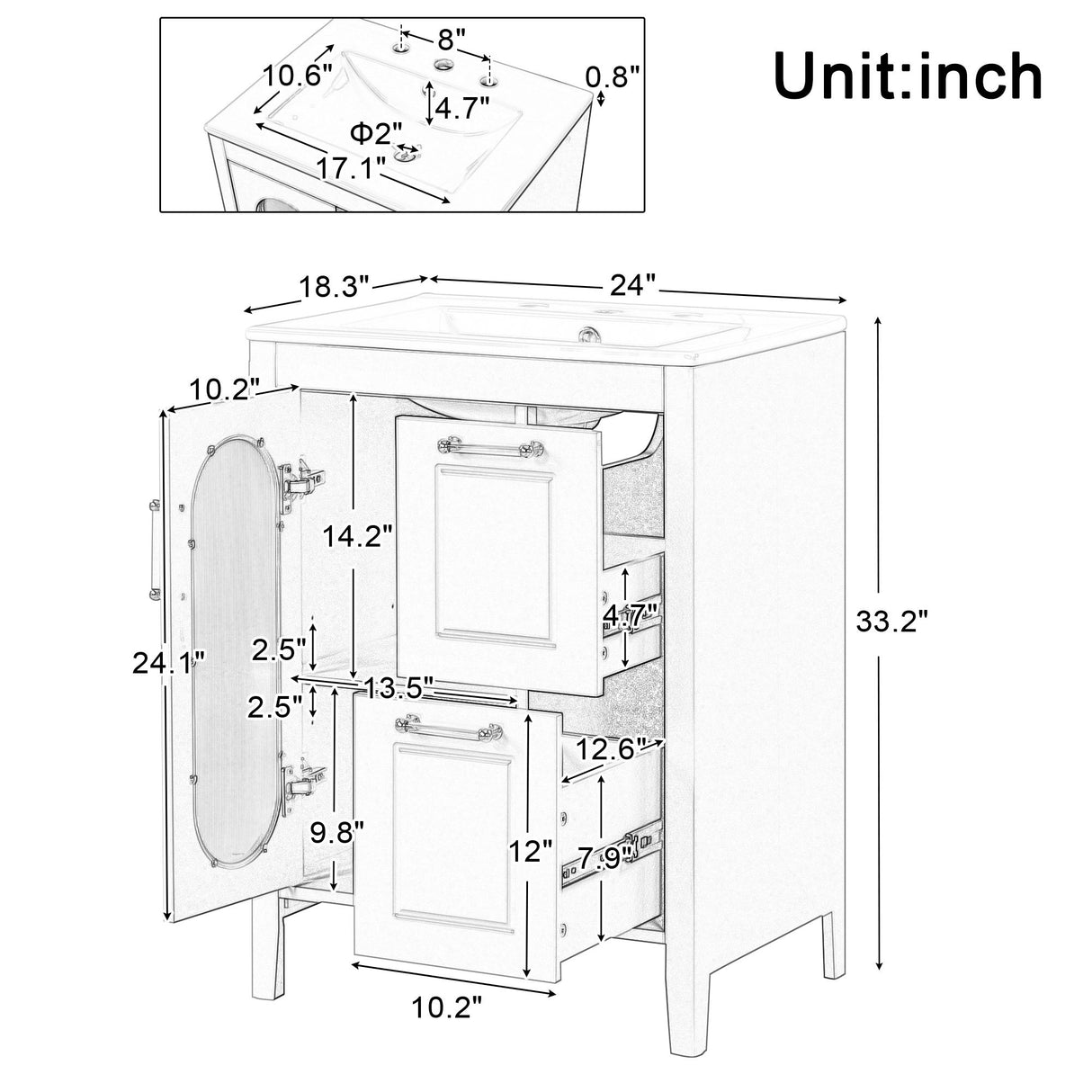 Modern Bathroom Vanity With Sink, Cabinet With 2 Drawers And Door, Adjustable Shelf