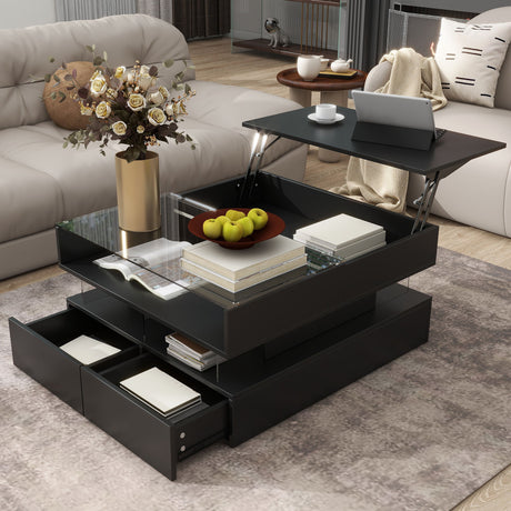 Lift Top Coffee Table With 2 Drawers, Hidden Space And LED Lights For Living Room