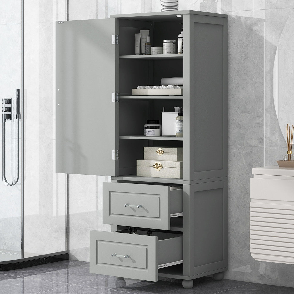 Tall Freestanding Bathroom Storage Cabinet With 2 Drawers And Adjustable Shelf