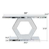 Sparkling Crystal Hexagon Mirror Entryway Premium Modern Foyer Console Table With Diamond Glass Effects, Dual Tier Luxury Sofa Table - Silver