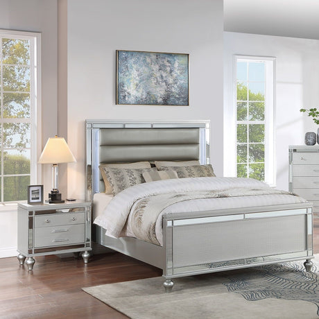 Modern Bed With LED Lights And Glass Panels, 2 Nightstands