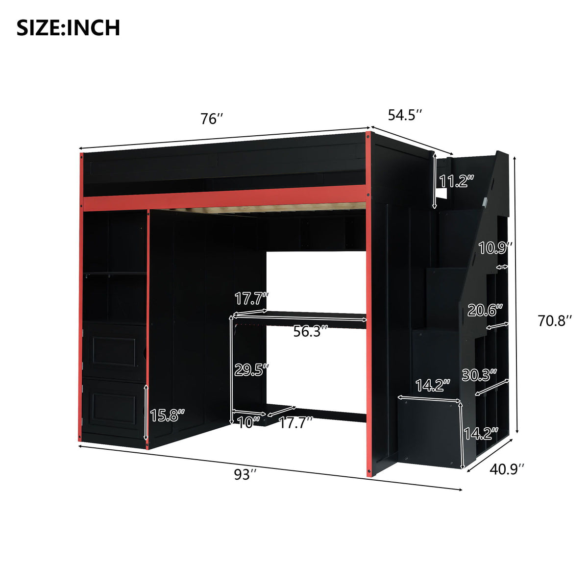 Gaming Loft Bed With Desk And Storage, LED Lights