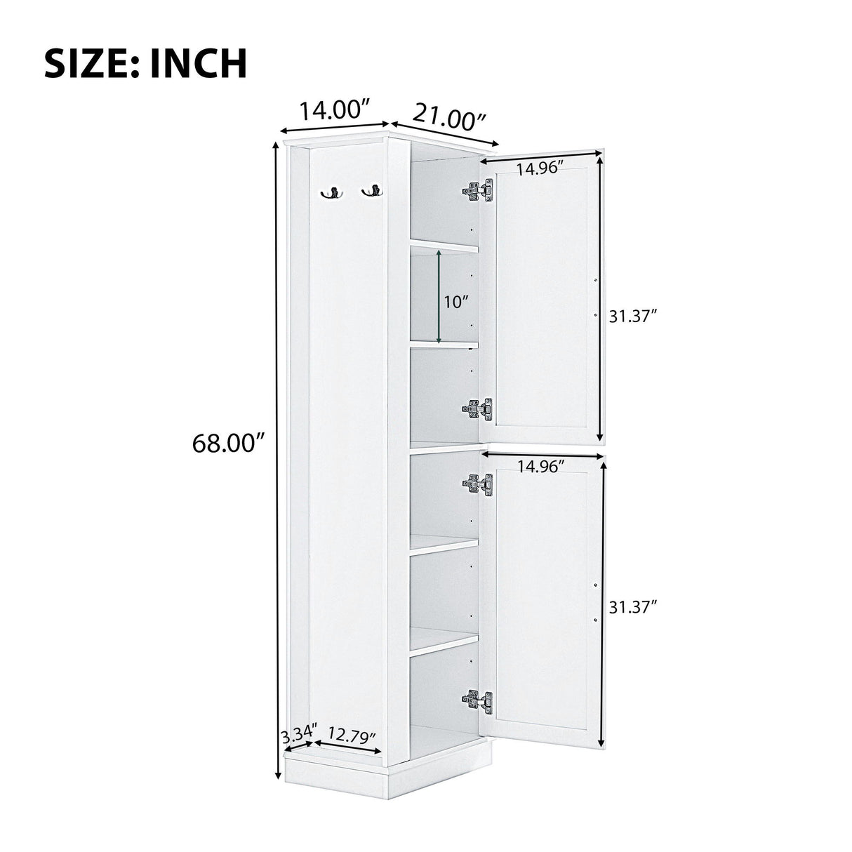 Tall Freestanding Bathroom Storage Cabinet With Adjustable Shelves And Side Hooks