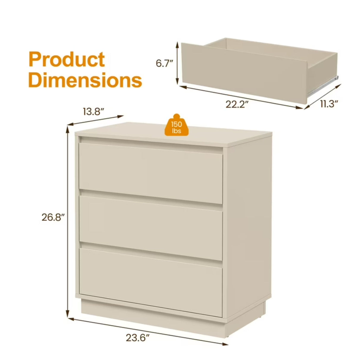 3 Drawer Nightstand, Bedroom Side Table