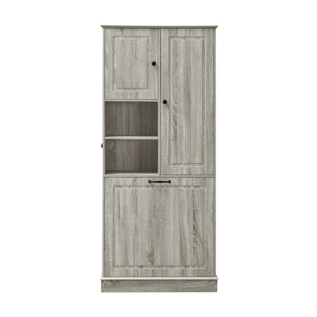 Modern Tall Storage Cabinet With Adjustable Shelves, Flip-Out Basket & Enclosed Doors