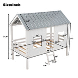Twin Size Low Loft House Bed With Roof And 2 Front Windows - White