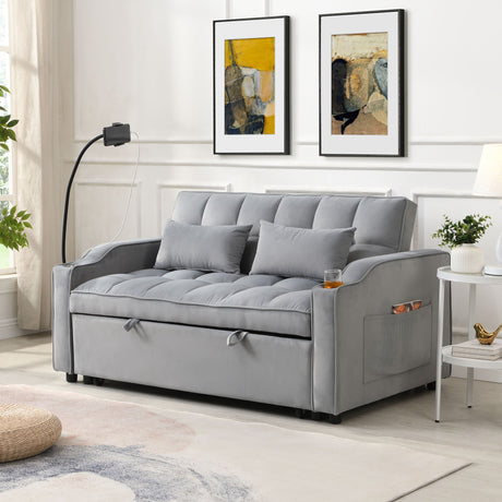 Modern Loveseat Futon Sofa With Pullout Bed, Adjustable Reclining Backrest, Toss Pillows