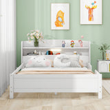 Wood Platform Bed With Built In LED Light, Storage Headboard And Guardrail