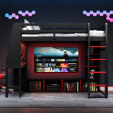 Gaming Loft Bed With Desk, Multi Storage Shelves, LED Lighting, And Hanging Clothes Rack