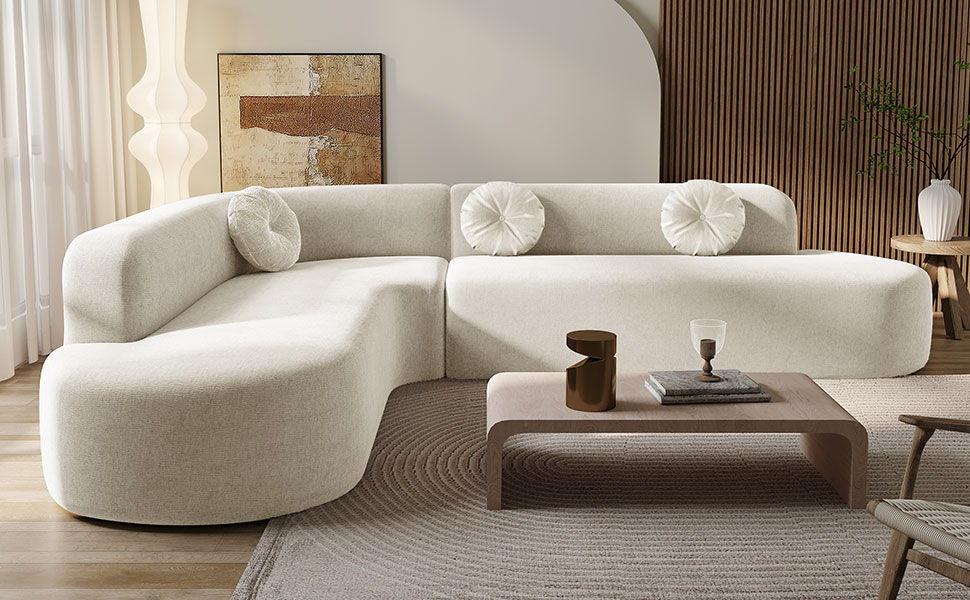 Extra Large Sectional Sofa Soft Fabric Upholstery, Elegant Curved Design With 3 Round Cushions, High - Resilience Foam For Ultimate Comfort - Beige