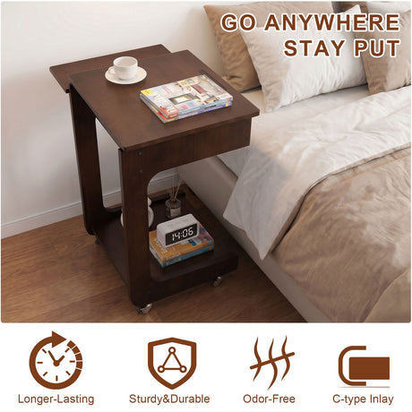C - Shaped End Table, Rolling With 360° Adjustable & Foldable Desktop, Couch Table With Laptop Stand For Living Room - Walnut
