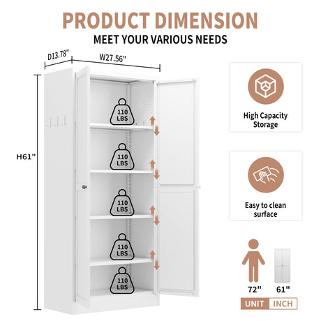 Kitchen Pantry Cabinet Adjustable Storage With 4 Shelves, Heavy Duty Freestanding Pantry Organizer - White