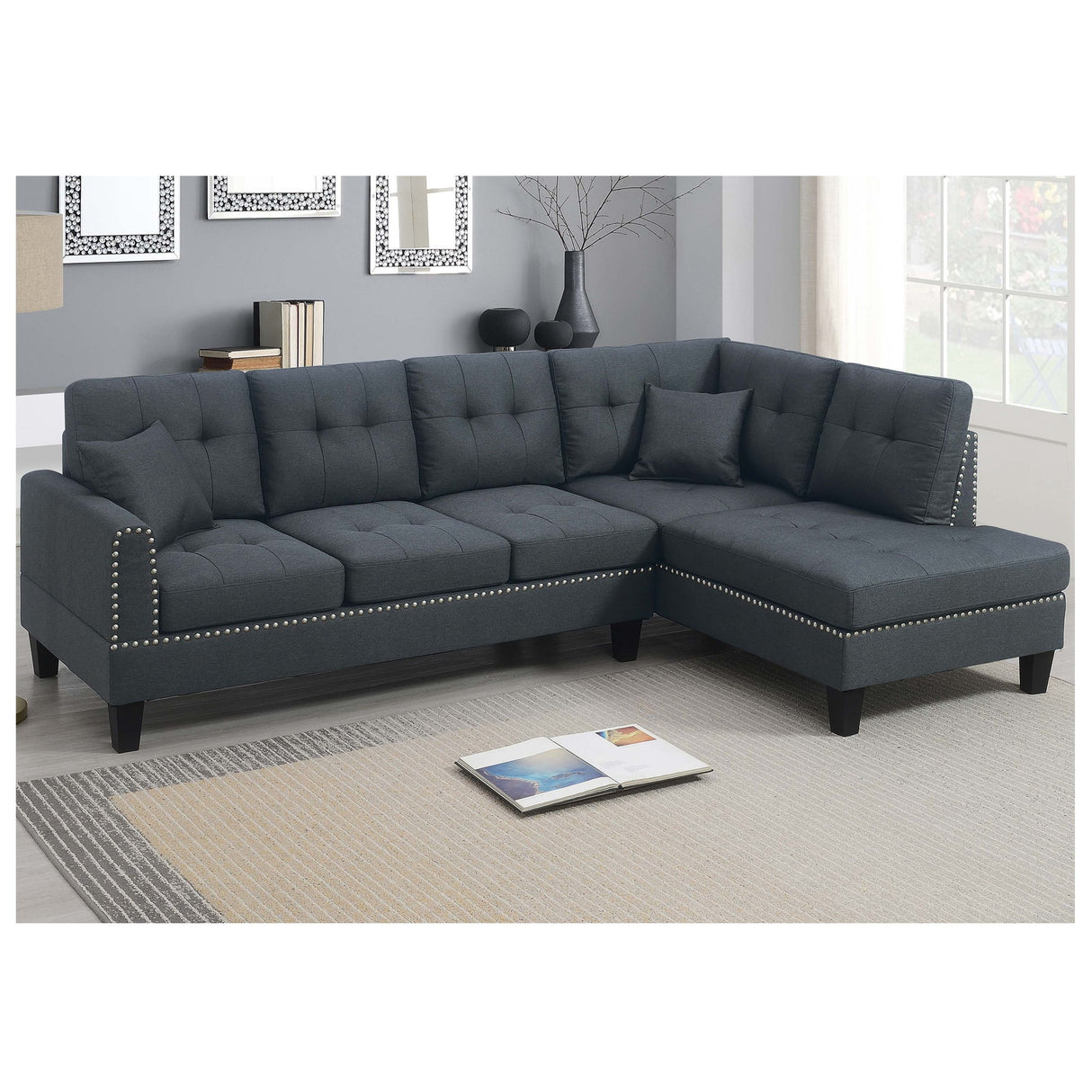 2 Piece Sectional Set With Nailhead Trim, Sofa And Matching Accent Pillows - Charcoal