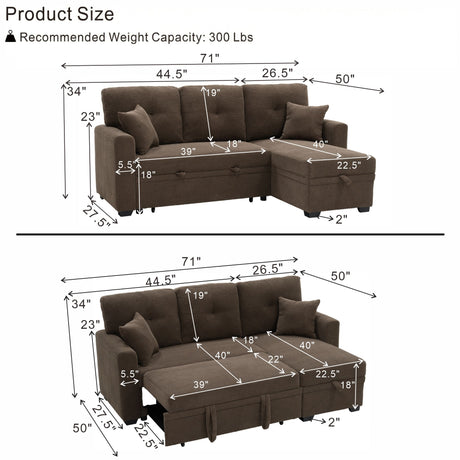 Sleeper Sectional Sofa With Pull Out Bed, Reversible Chaise, Hidden Storage