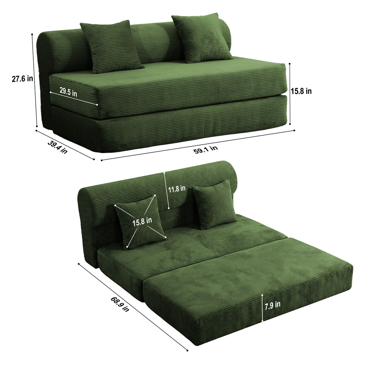Convertible Sofa Bed, 2 Seater Fold Out Floor Couch