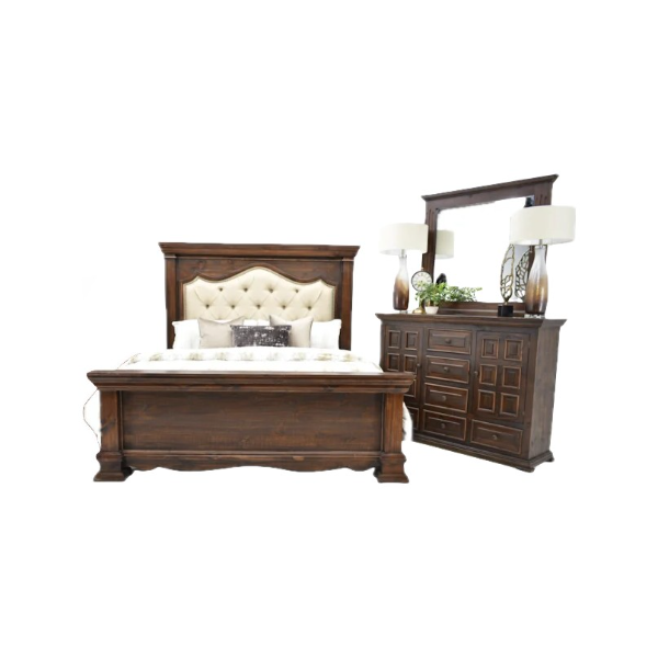 Chalet Walnut Queen Padded Bed Dresser & Mirror - CHALQWPR+CHALQWPH+CHALQWPF+3700DW+3722MW