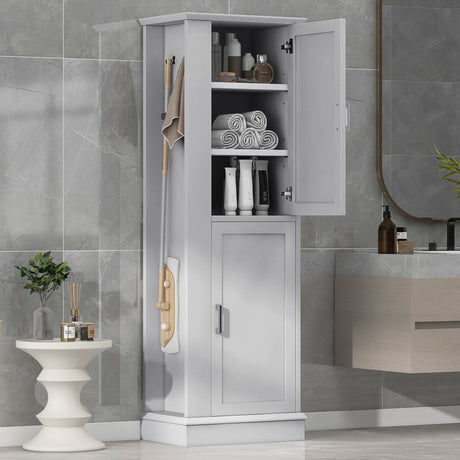 Tall Freestanding Bathroom Storage Cabinet With Adjustable Shelves And Side Hooks