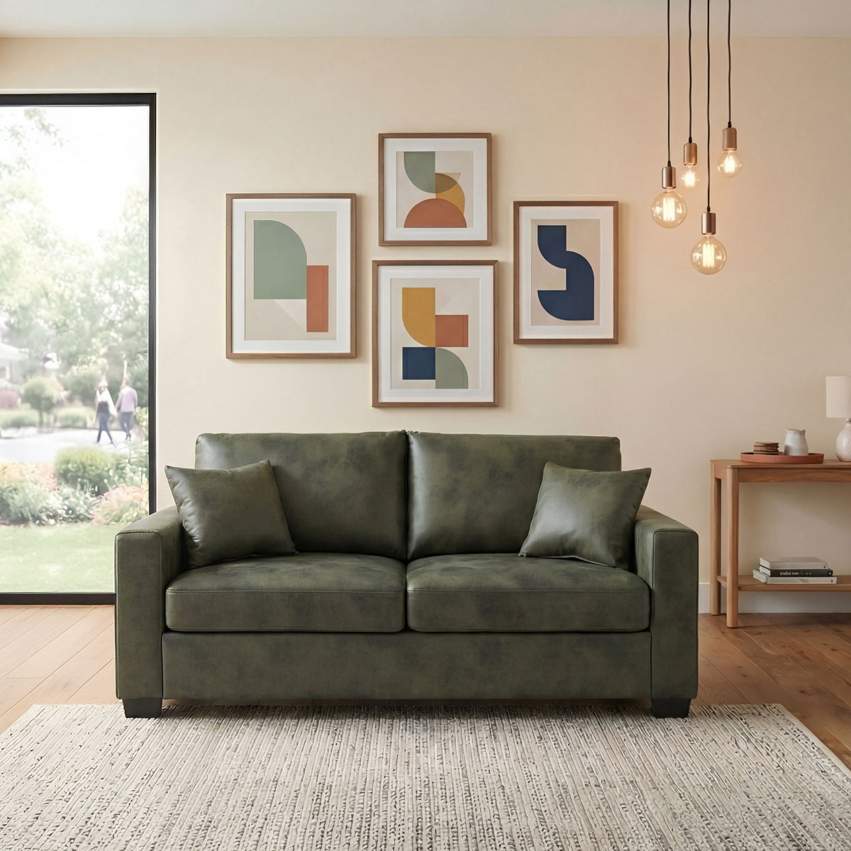 2 Seater Sofa, 2 Throw Pillows For Living Room - Olive Green