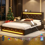 Wingback Upholstered Bed Frame With LED Lights, Charging Station