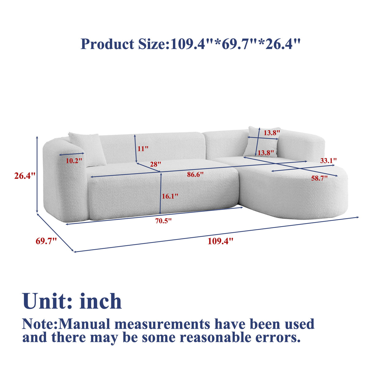 L - Shape Boneless Cloud Couch With 2 Throw Pillows For Living Room