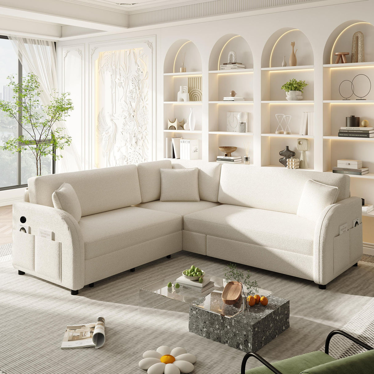 L-Shaped Couch With Pull-Out Bed, Oversize Convertible Sleeper Sofa With Side Pocket & USB Port