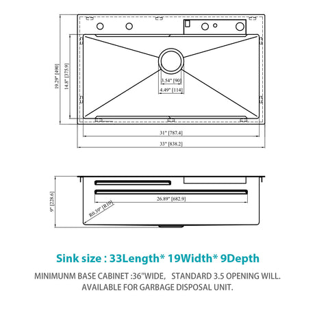 33" Stainless Steel Single Bowl Kitchen Sink With Waterfall Flow