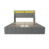 Queen Size Bed Frame With LED Lighting, Winged Headboard With Storage Drawers - Light Gray