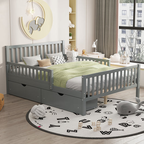 Platform Bed With Guardrails On Both Sides And 2 Storage Drawers