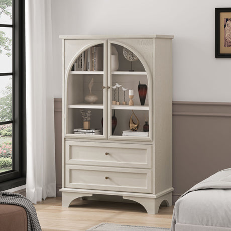 Glass Door Display Case With 2 Drawers And Adjustable Shelf