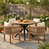 5 Piece Outdoor Dining Set With Round Table And 4 Wrapped Chairs - Black / Brown / Teak
