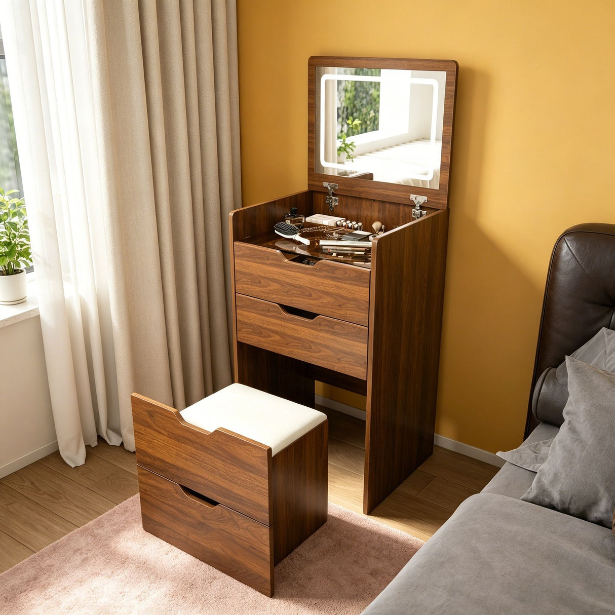 Vanity Desk With Lighted Mirror & Stool