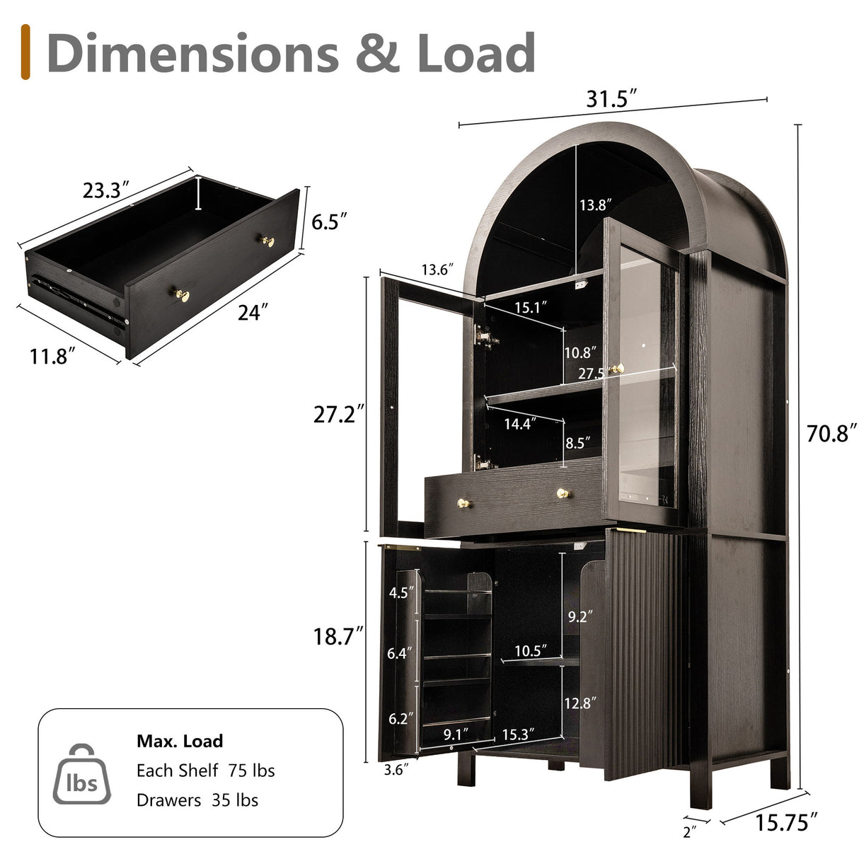 Fluted Tall Arched Pantry Cabinet With Adjustable Shelves