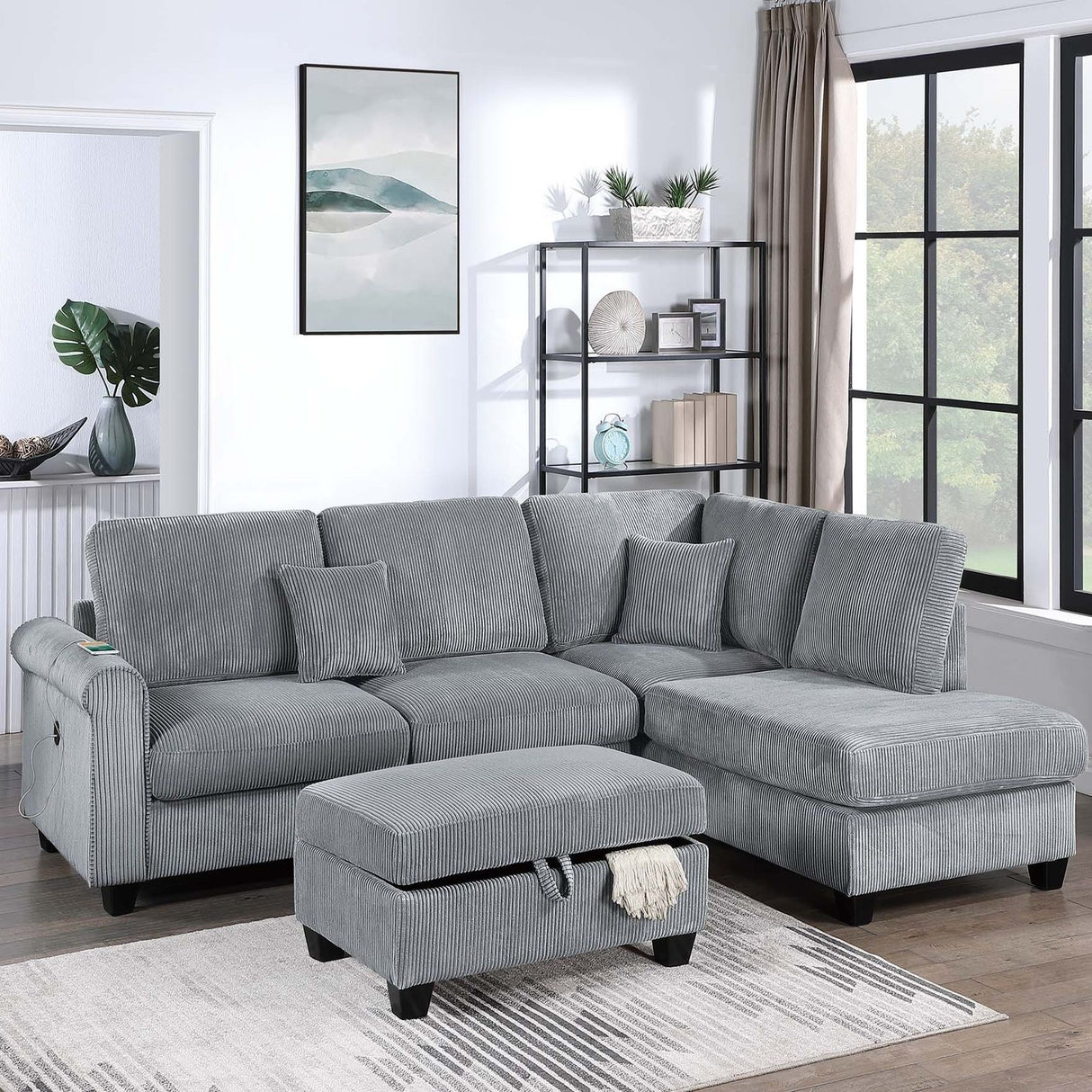 Contemporary Sectional Set With Right Arm Chaise, Left Arm Sofa With USB Port, Storage Ottoman