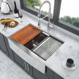 Double Bowl Farmhouse Sink Workstation 33" Stainless Steel 16 Gauge Apron Front - Black / Gray