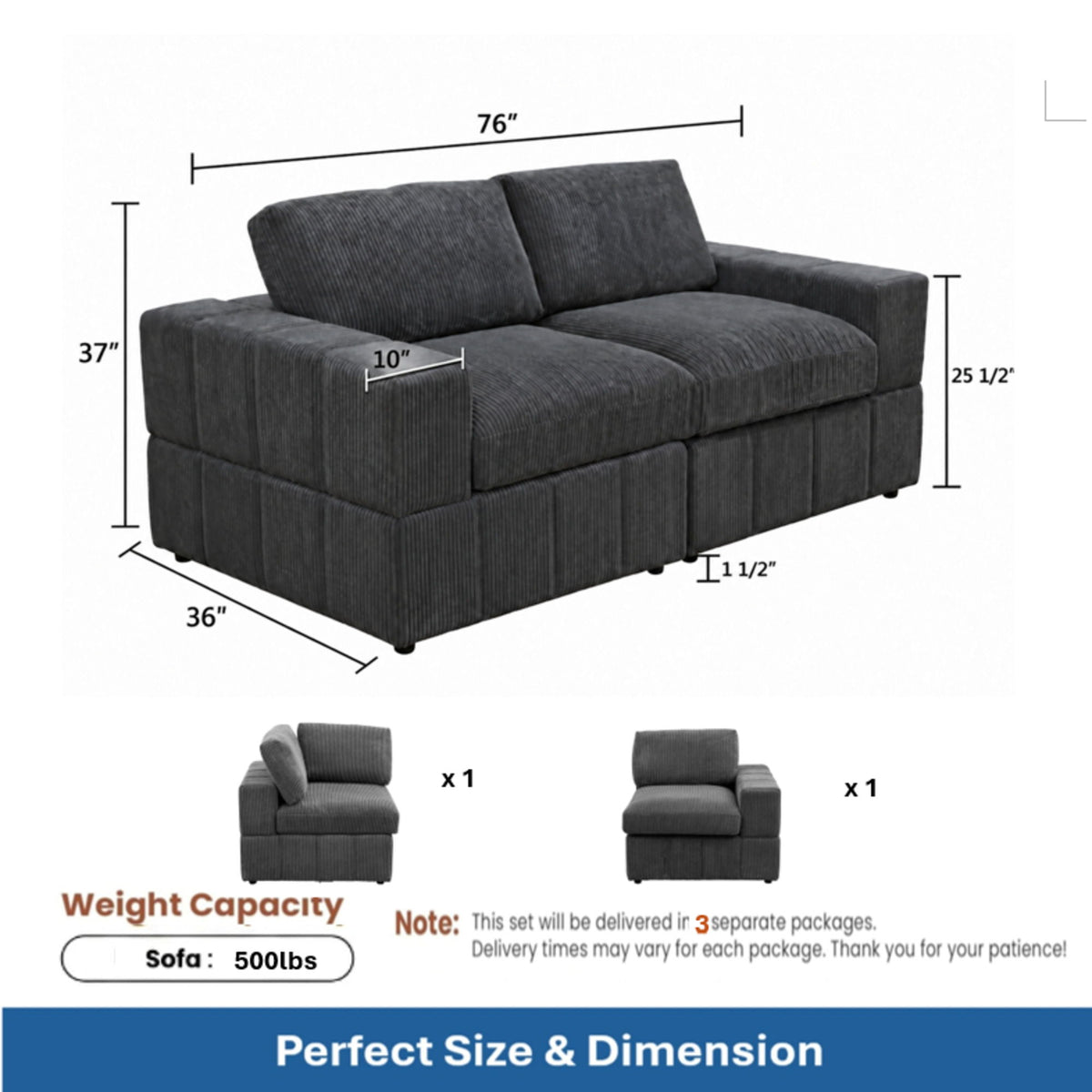 Oversized Modular Loveseat, 2 Piece Living Room Sofa Set - Dark Gray