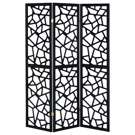 3 Panel Folding Screen With Mosaic Cutout Design - Black