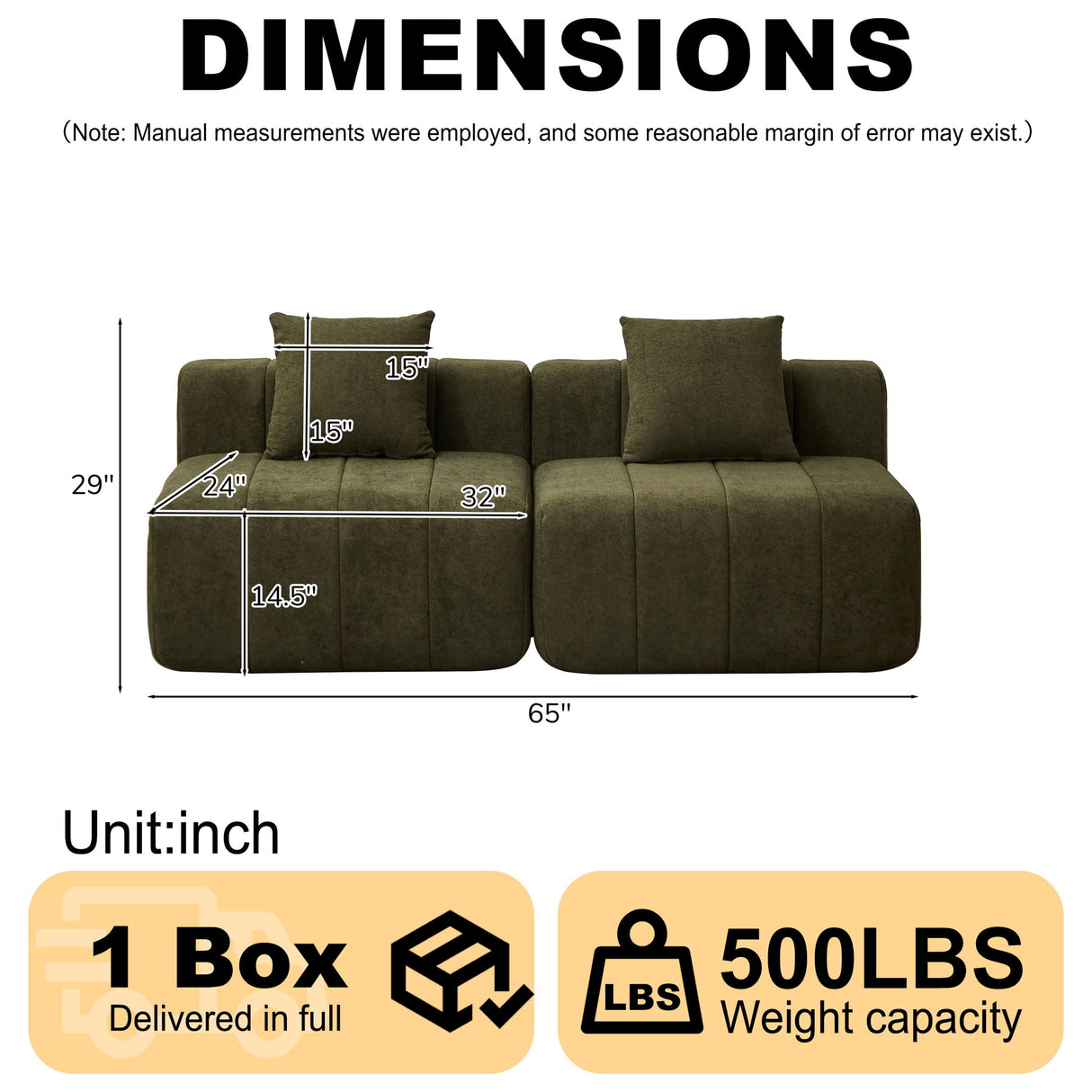 Modular Sectional Sofa With 2 Pillows, Symmetrical Design