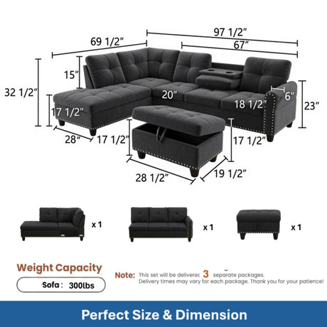 L - Shaped 3 Piece Sectional Sofa With Chaise, Storage Ottoman & Cup Holders