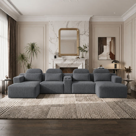 U-Shaped Sectional Sofa With Chaise Lounge And Cup Holders