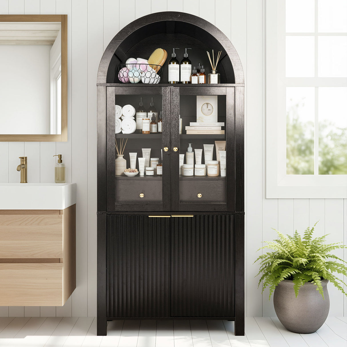 Fluted Tall Arched Pantry Cabinet With Adjustable Shelves