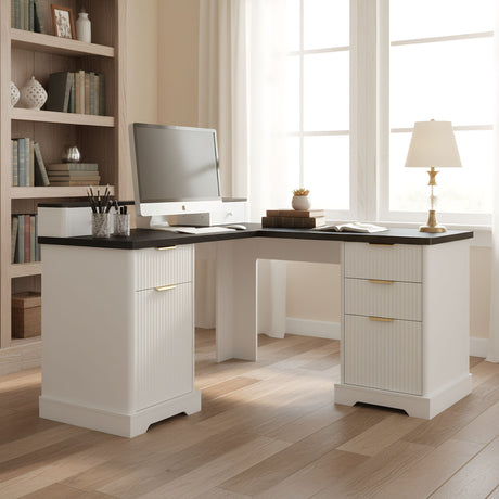 Fluted L-Shaped Desk With Charging Station & Storage Cabinet